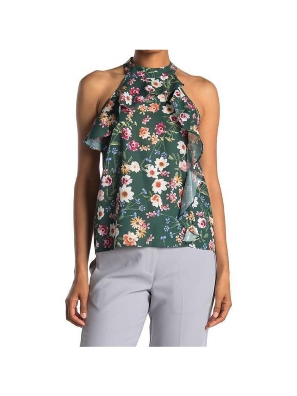 Parker Green Floral Draped Ruffle Sleeveless Halter Tank Top NEW Women's XS